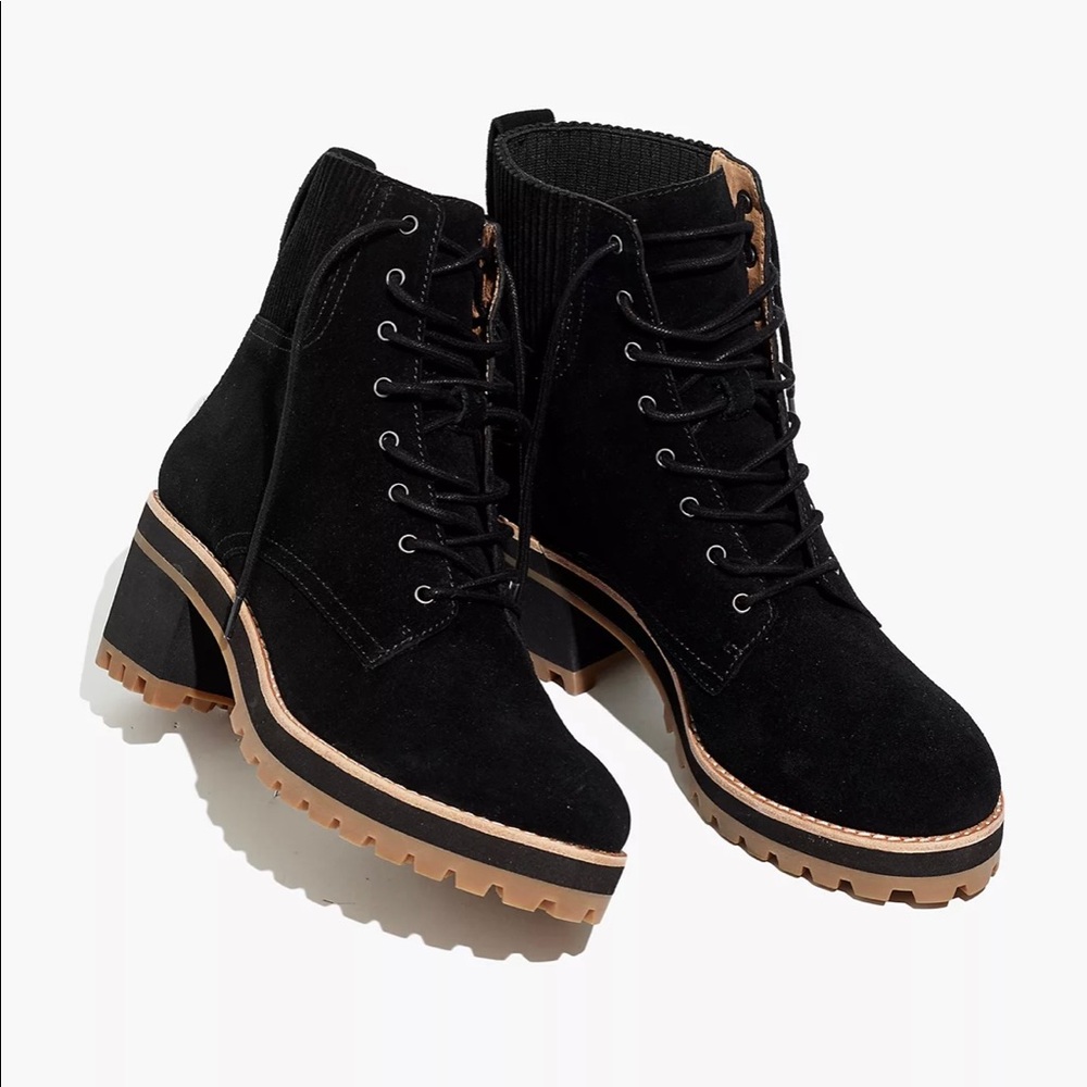 Madewell Lorelei Black Suede Lace-Up Lugsole Boots